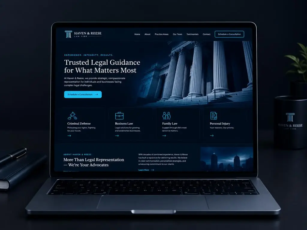 Site de escritório de advocacia em tema escuro em tela de notebook