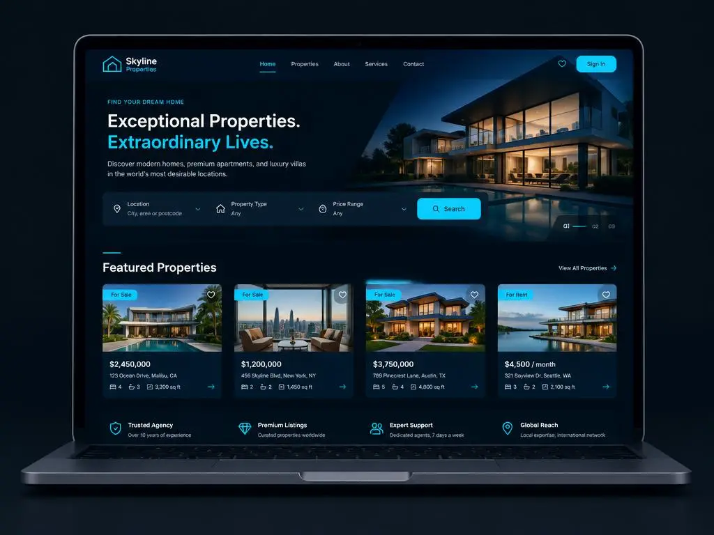 Site de imobiliária com listagem de imóveis em tela de notebook